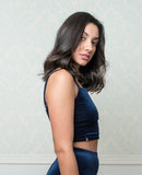 Blue Velvet Crop Top Straight Neckline